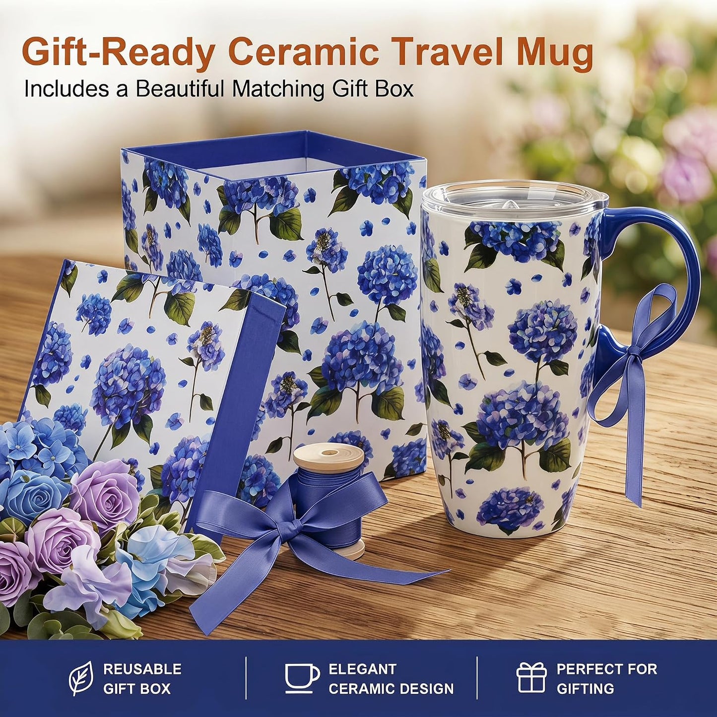 17oz Ceramic Travel Mug with Lid, Christian Floral Coffee Mug | Christian Coffee Mug with Handle, Joshua 24:15 Floral Design, Splash-Resistant Lid, Microwave & Dishwasher Safe, Gift Box