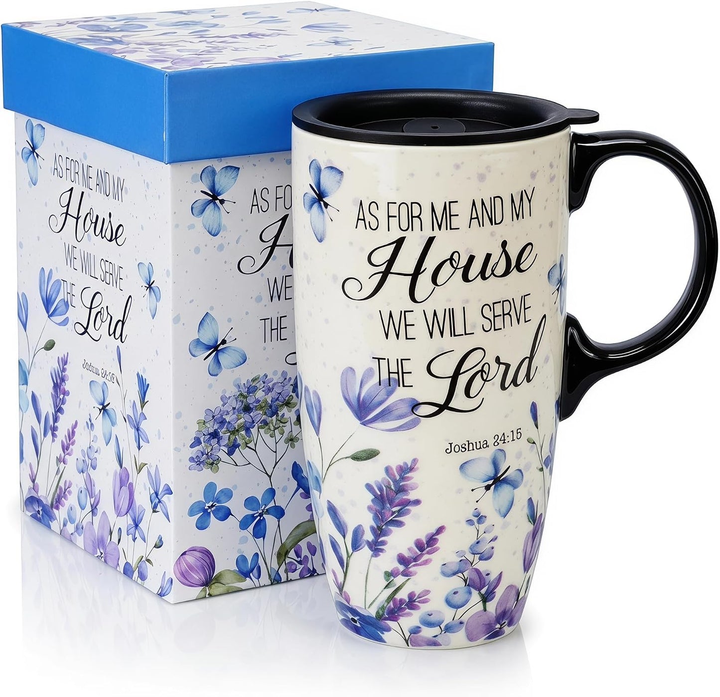 17oz Ceramic Travel Mug with Lid, Christian Floral Coffee Mug | Christian Coffee Mug with Handle, Joshua 24:15 Floral Design, Splash-Resistant Lid, Microwave & Dishwasher Safe, Gift Box