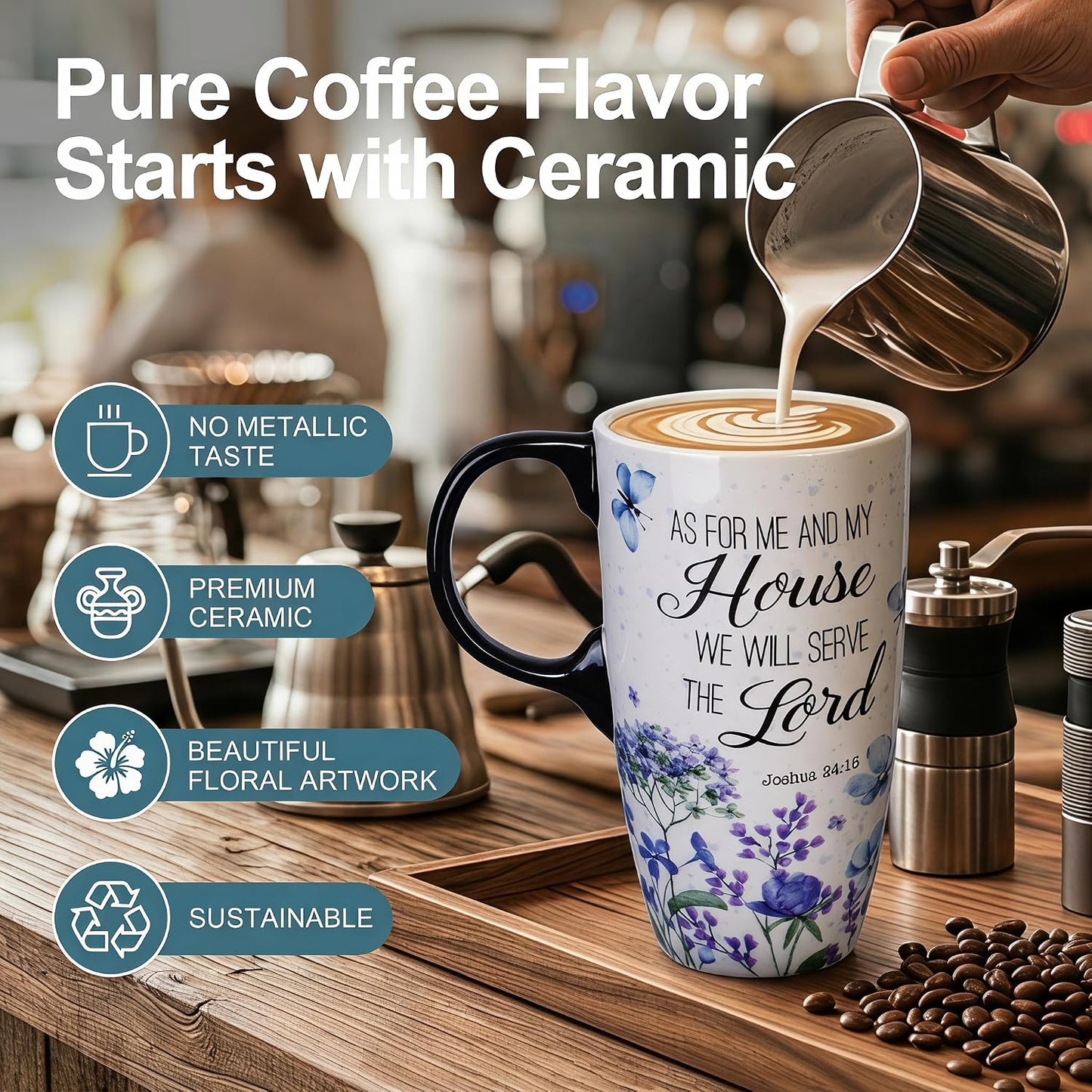 17oz Ceramic Travel Mug with Lid, Christian Floral Coffee Mug | Christian Coffee Mug with Handle, Joshua 24:15 Floral Design, Splash-Resistant Lid, Microwave & Dishwasher Safe, Gift Box
