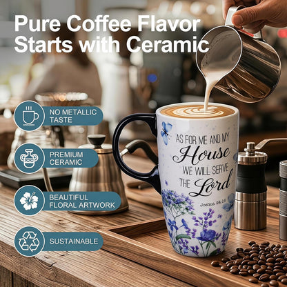17oz Ceramic Travel Mug with Lid, Christian Floral Coffee Mug | Christian Coffee Mug with Handle, Joshua 24:15 Floral Design, Splash-Resistant Lid, Microwave & Dishwasher Safe, Gift Box