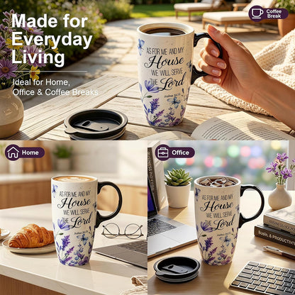 17oz Ceramic Travel Mug with Lid, Christian Floral Coffee Mug | Christian Coffee Mug with Handle, Joshua 24:15 Floral Design, Splash-Resistant Lid, Microwave & Dishwasher Safe, Gift Box