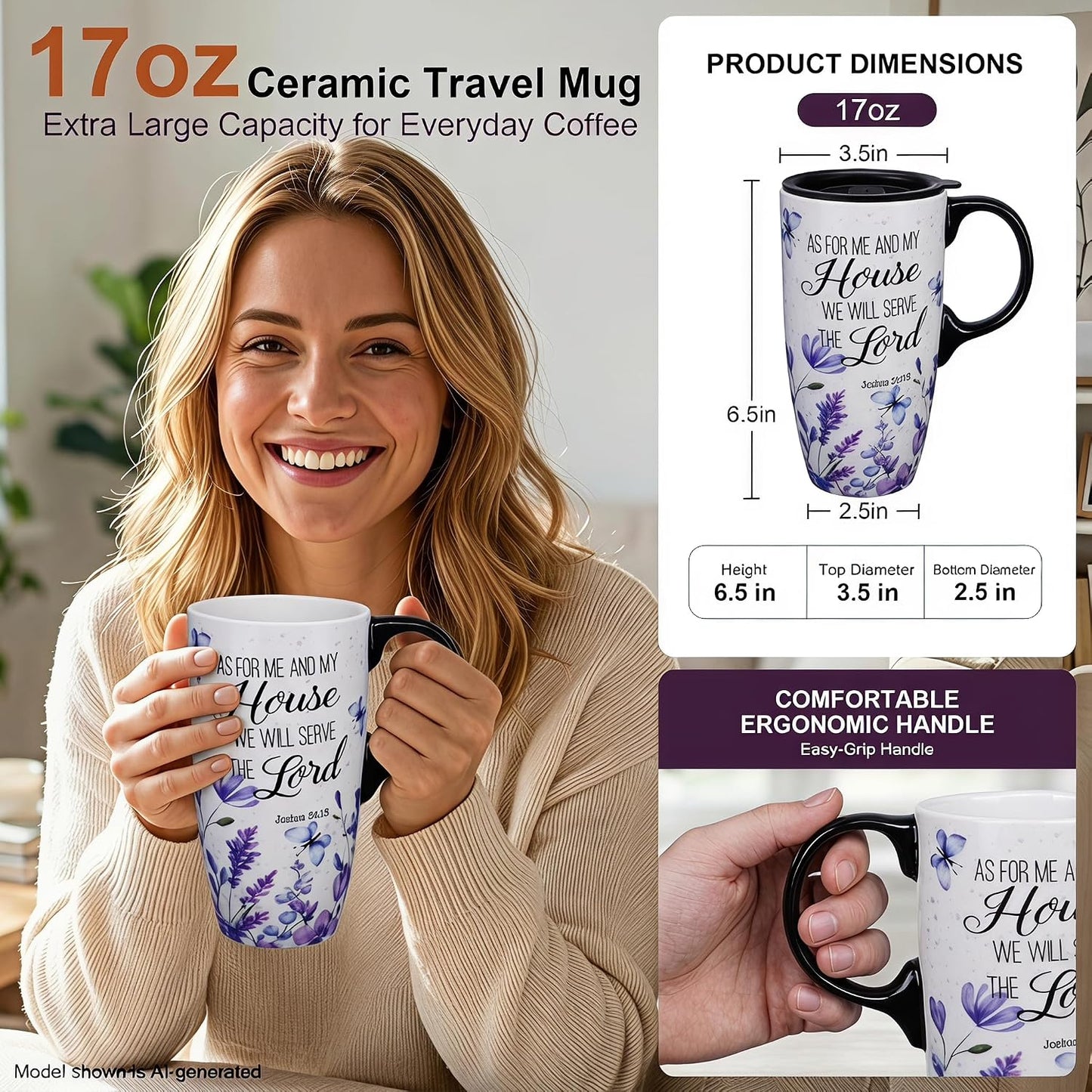 17oz Ceramic Travel Mug with Lid, Christian Floral Coffee Mug | Christian Coffee Mug with Handle, Joshua 24:15 Floral Design, Splash-Resistant Lid, Microwave & Dishwasher Safe, Gift Box