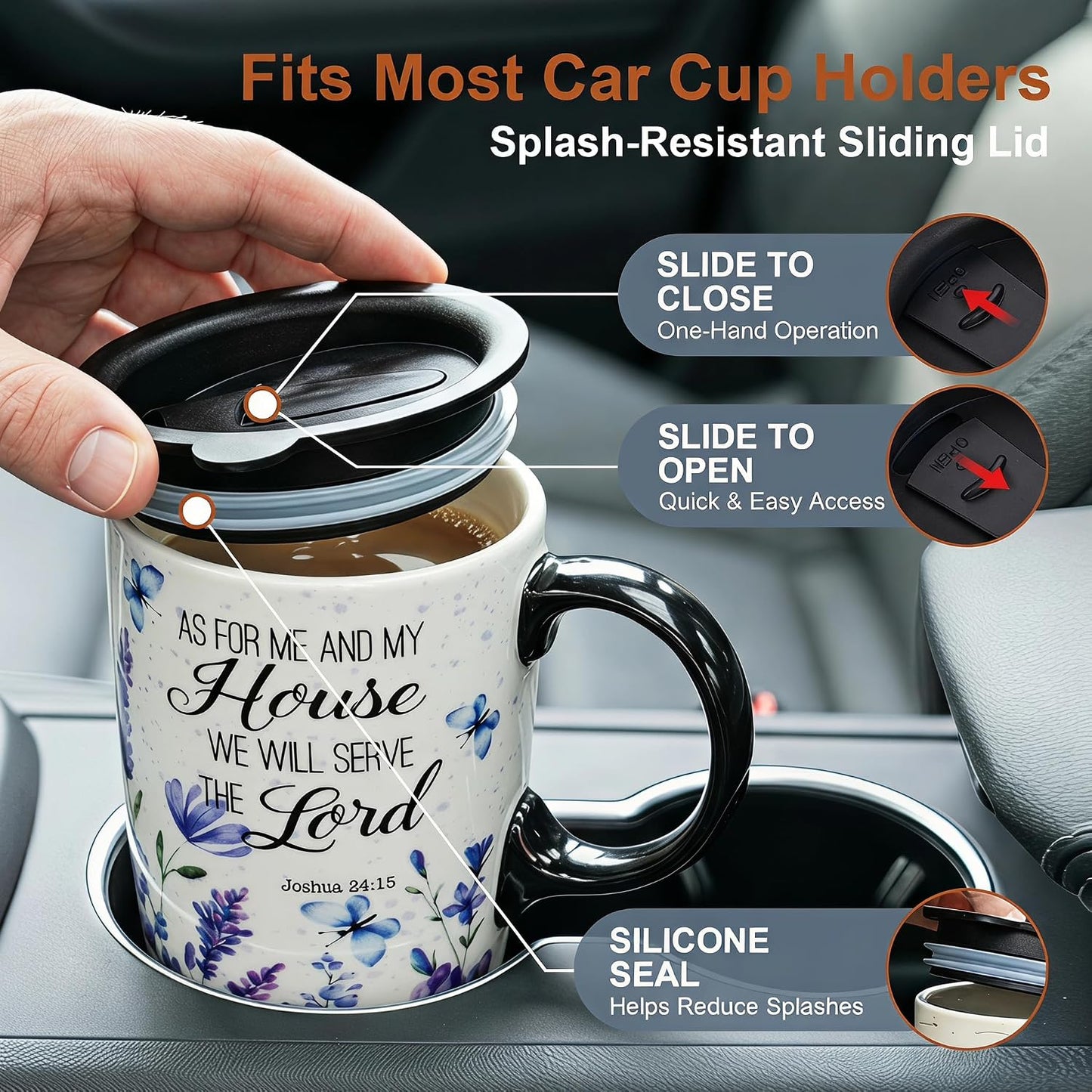 17oz Ceramic Travel Mug with Lid, Christian Floral Coffee Mug | Christian Coffee Mug with Handle, Joshua 24:15 Floral Design, Splash-Resistant Lid, Microwave & Dishwasher Safe, Gift Box