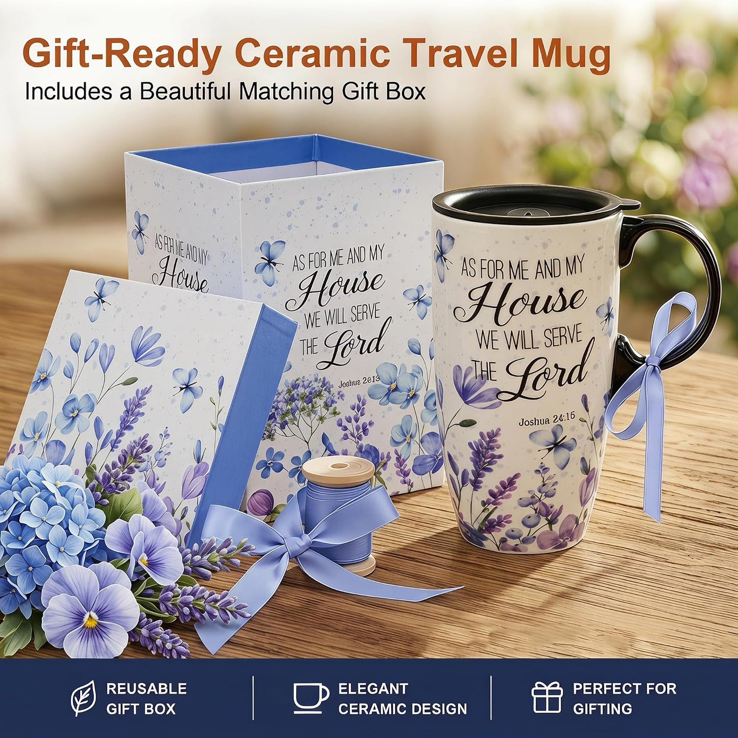 17oz Ceramic Travel Mug with Lid, Christian Floral Coffee Mug | Christian Coffee Mug with Handle, Joshua 24:15 Floral Design, Splash-Resistant Lid, Microwave & Dishwasher Safe, Gift Box