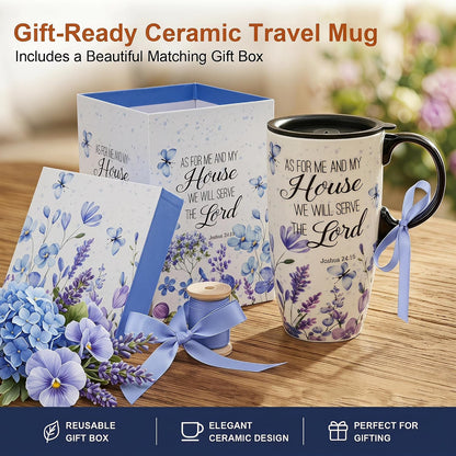 17oz Ceramic Travel Mug with Lid, Christian Floral Coffee Mug | Christian Coffee Mug with Handle, Joshua 24:15 Floral Design, Splash-Resistant Lid, Microwave & Dishwasher Safe, Gift Box