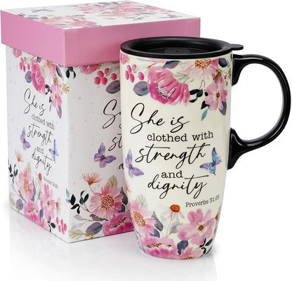 17oz Ceramic Travel Mug with Lid, Christian Floral Coffee Mug | Christian Coffee Mug with Handle, Joshua 24:15 Floral Design, Splash-Resistant Lid, Microwave & Dishwasher Safe, Gift Box