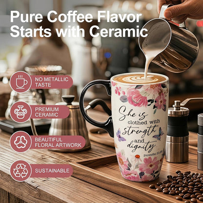 17oz Ceramic Travel Mug with Lid, Christian Floral Coffee Mug | Christian Coffee Mug with Handle, Joshua 24:15 Floral Design, Splash-Resistant Lid, Microwave & Dishwasher Safe, Gift Box