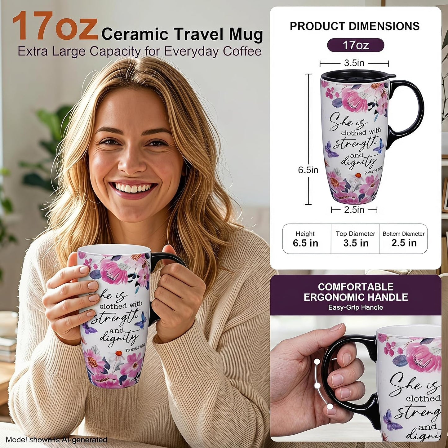 17oz Ceramic Travel Mug with Lid, Christian Floral Coffee Mug | Christian Coffee Mug with Handle, Joshua 24:15 Floral Design, Splash-Resistant Lid, Microwave & Dishwasher Safe, Gift Box
