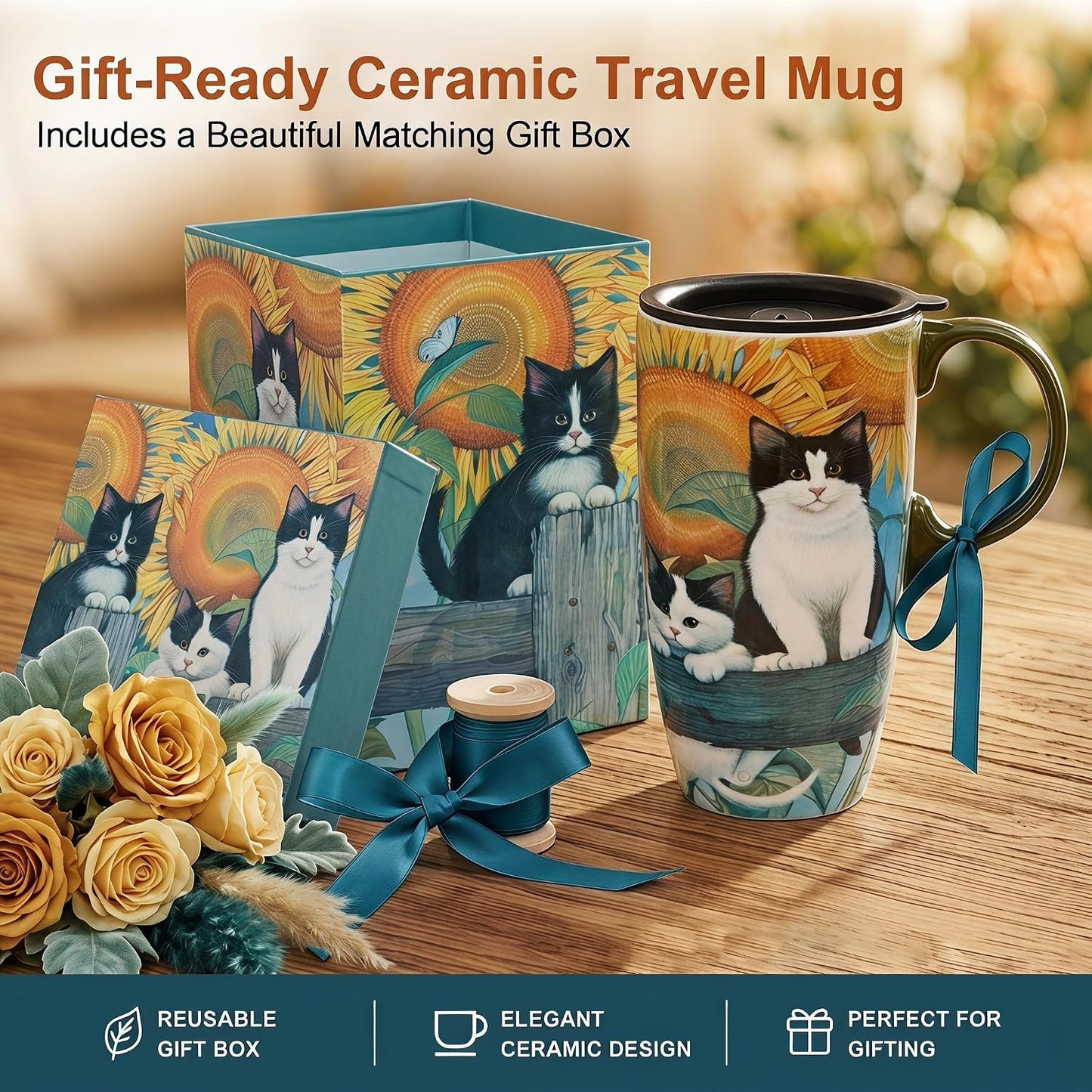 17oz Ceramic Travel Mug with Lid, Christian Floral Coffee Mug | Christian Coffee Mug with Handle, Joshua 24:15 Floral Design, Splash-Resistant Lid, Microwave & Dishwasher Safe, Gift Box
