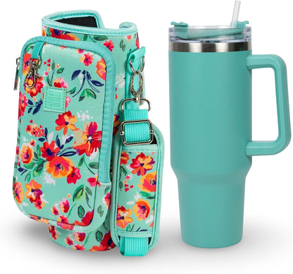 Cup Tumbler & Carrier Cell Pocket - Water, Tea, Coffee, Juice - Neoprene Sleeve Pouch Shoulder Strap - Stainless Steel Vacuum Insulated Bottle, Lid, Straw, Carabiner (Black, 40oz)