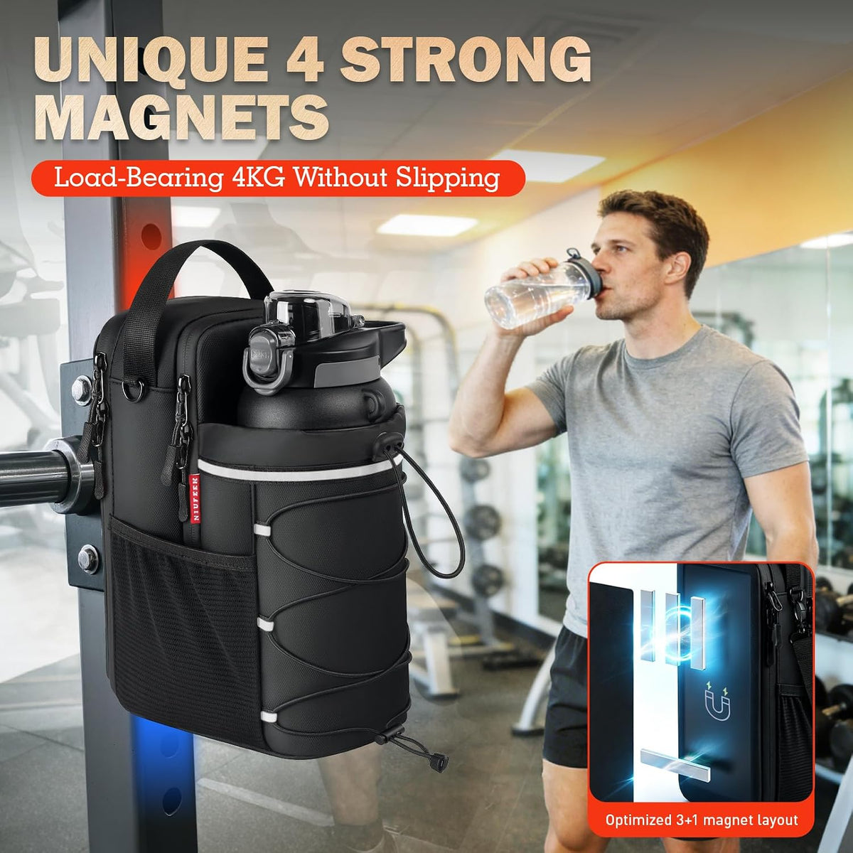 Magnetic Gym Bag with Phone Pocket, 4 Strong Magnets, 20-64oz Bottle Holder