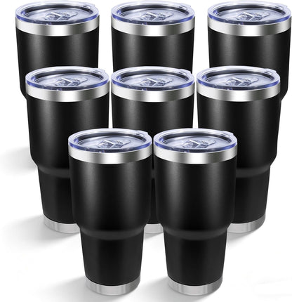 30oz Stainless Steel Tumbler Bulk with Lid, Double Wall Vacuum Insulated Powder Coated Travel Mug, Stainless Steel, 8 Pack
