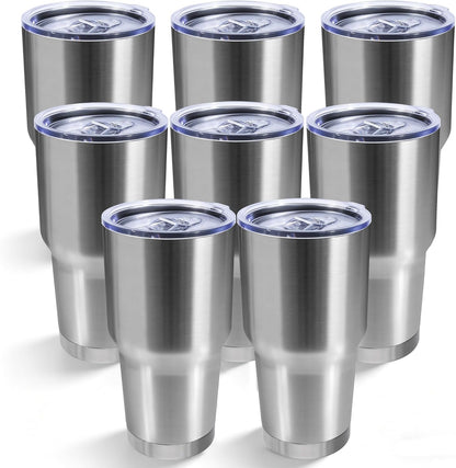 30oz Stainless Steel Tumbler Bulk with Lid, Double Wall Vacuum Insulated Powder Coated Travel Mug, Stainless Steel, 8 Pack