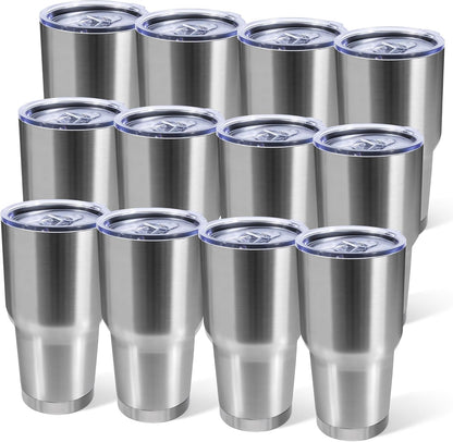 30oz Stainless Steel Tumbler Bulk with Lid, Double Wall Vacuum Insulated Powder Coated Travel Mug, Stainless Steel, 8 Pack