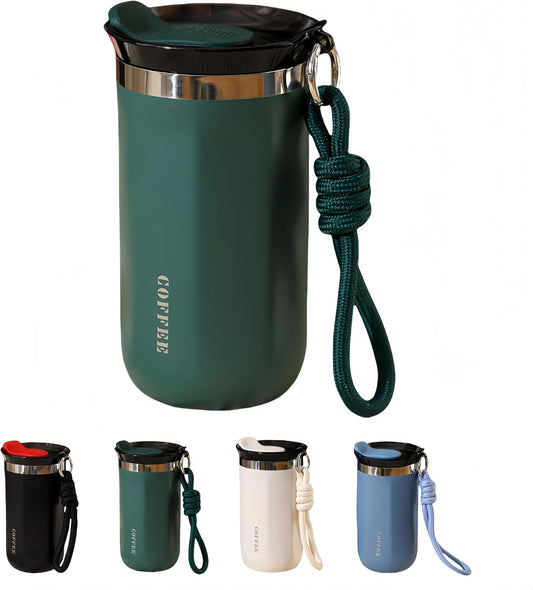 17oz Travel Coffee Mug for Car, Leak-Proof, Double-Wall Insulation, Braided Carry Strap, Minimalist Design,Idea for Coffee and More, Hot & Cold Drinks (Green)