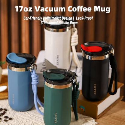 17oz Travel Coffee Mug for Car, Leak-Proof, Double-Wall Insulation, Braided Carry Strap, Minimalist Design,Idea for Coffee and More, Hot & Cold Drinks (Green)