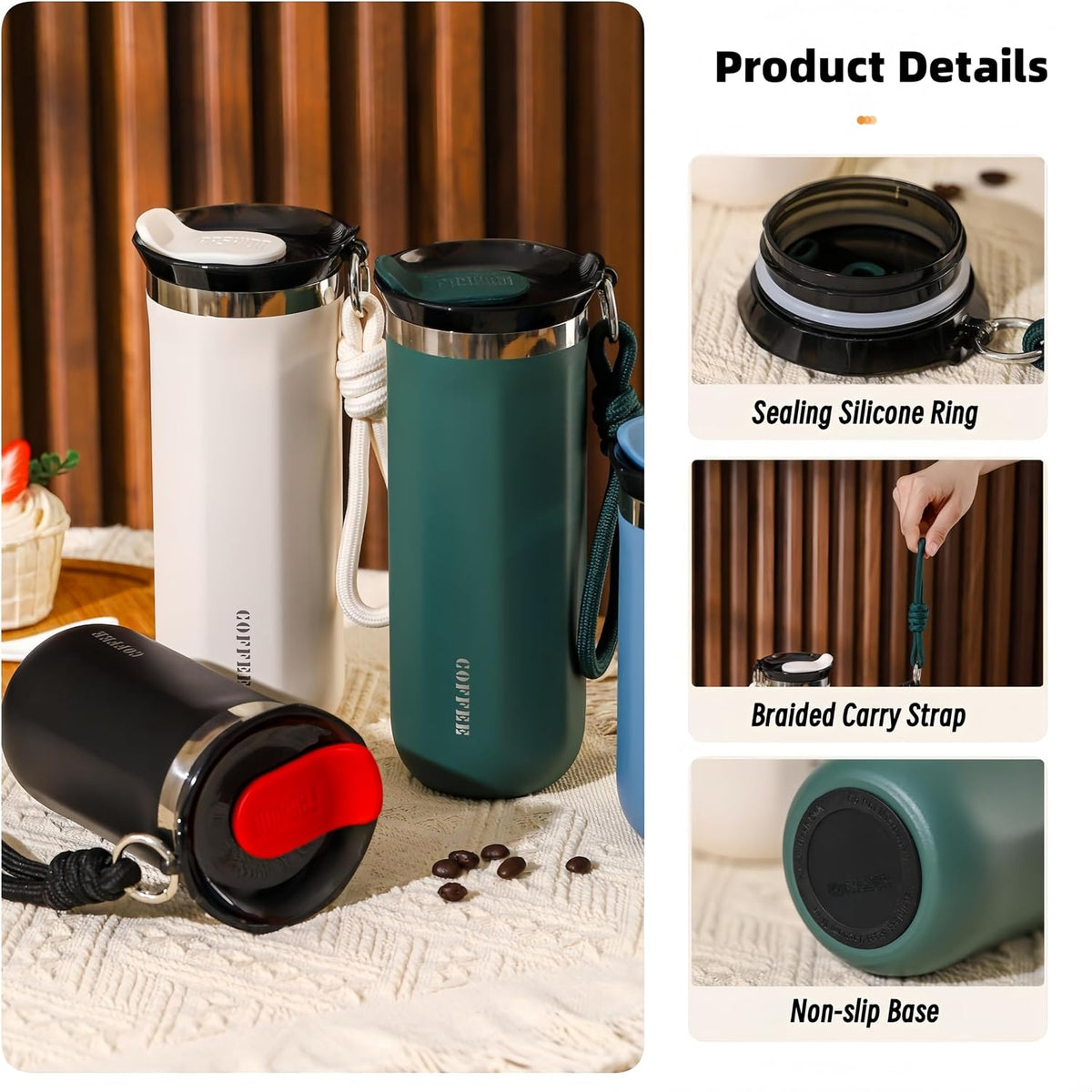 17oz Travel Coffee Mug for Car, Leak-Proof, Double-Wall Insulation, Braided Carry Strap, Minimalist Design,Idea for Coffee and More, Hot & Cold Drinks (Green)