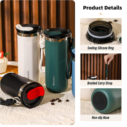 17oz Travel Coffee Mug for Car, Leak-Proof, Double-Wall Insulation, Braided Carry Strap, Minimalist Design,Idea for Coffee and More, Hot & Cold Drinks (Green)