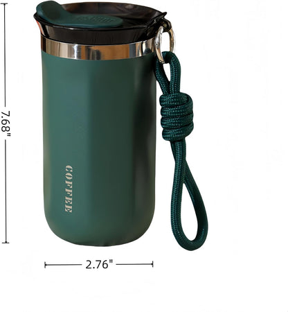17oz Travel Coffee Mug for Car, Leak-Proof, Double-Wall Insulation, Braided Carry Strap, Minimalist Design,Idea for Coffee and More, Hot & Cold Drinks (Green)