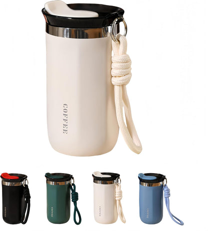 17oz Travel Coffee Mug for Car, Leak-Proof, Double-Wall Insulation, Braided Carry Strap, Minimalist Design,Idea for Coffee and More, Hot & Cold Drinks (Green)