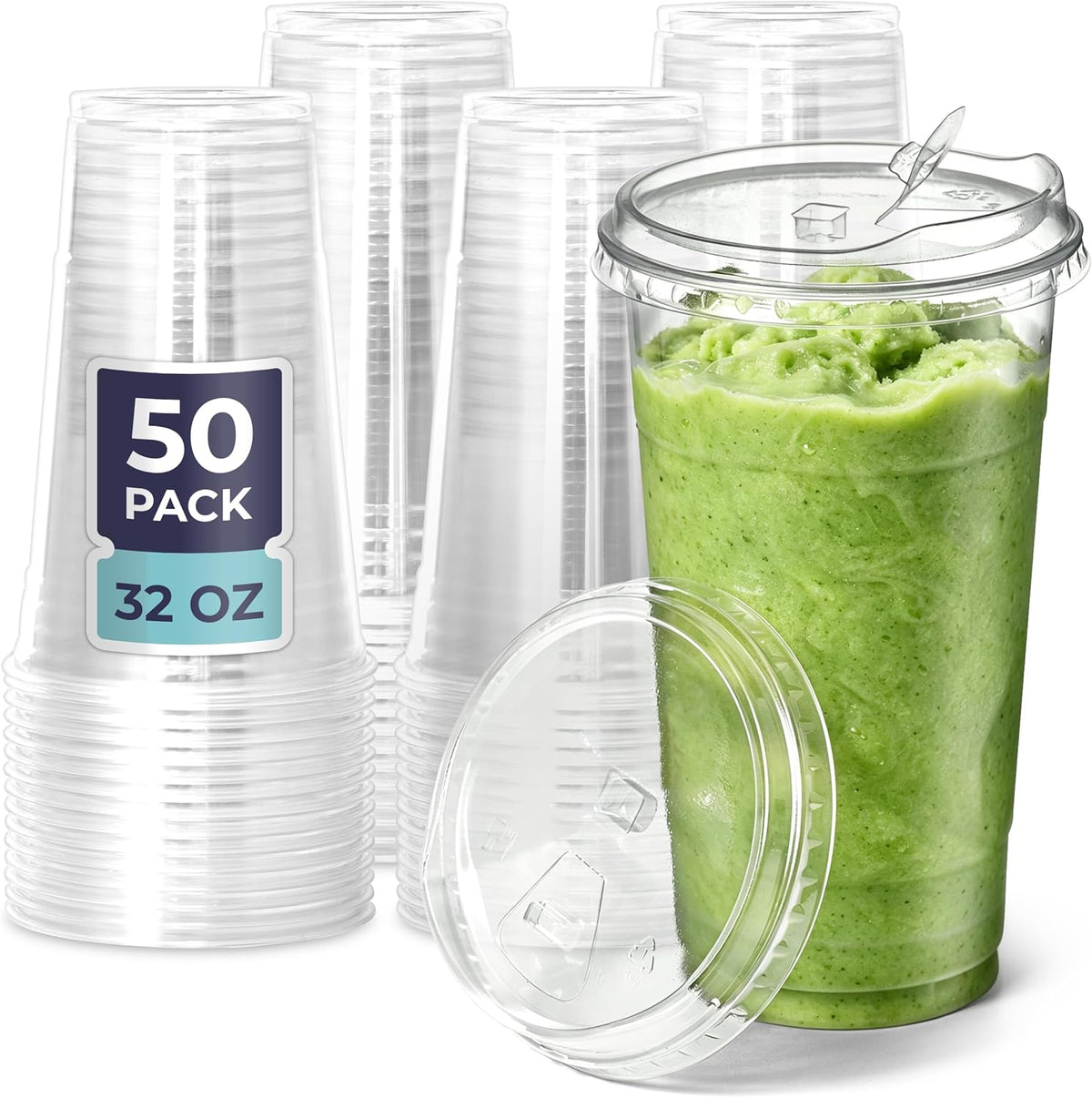 Fit Meal Prep 32 oz Clear Plastic Cups with Strawless Sip Lids, Disposable Plastic Coffee Cups with Lids, To Go Cups for Iced Coffee, Smoothies, Soda, Party Drinks, Bubble Tea, Cold Beverage