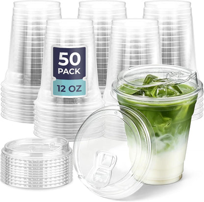 Fit Meal Prep 32 oz Clear Plastic Cups with Strawless Sip Lids, Disposable Plastic Coffee Cups with Lids, To Go Cups for Iced Coffee, Smoothies, Soda, Party Drinks, Bubble Tea, Cold Beverage