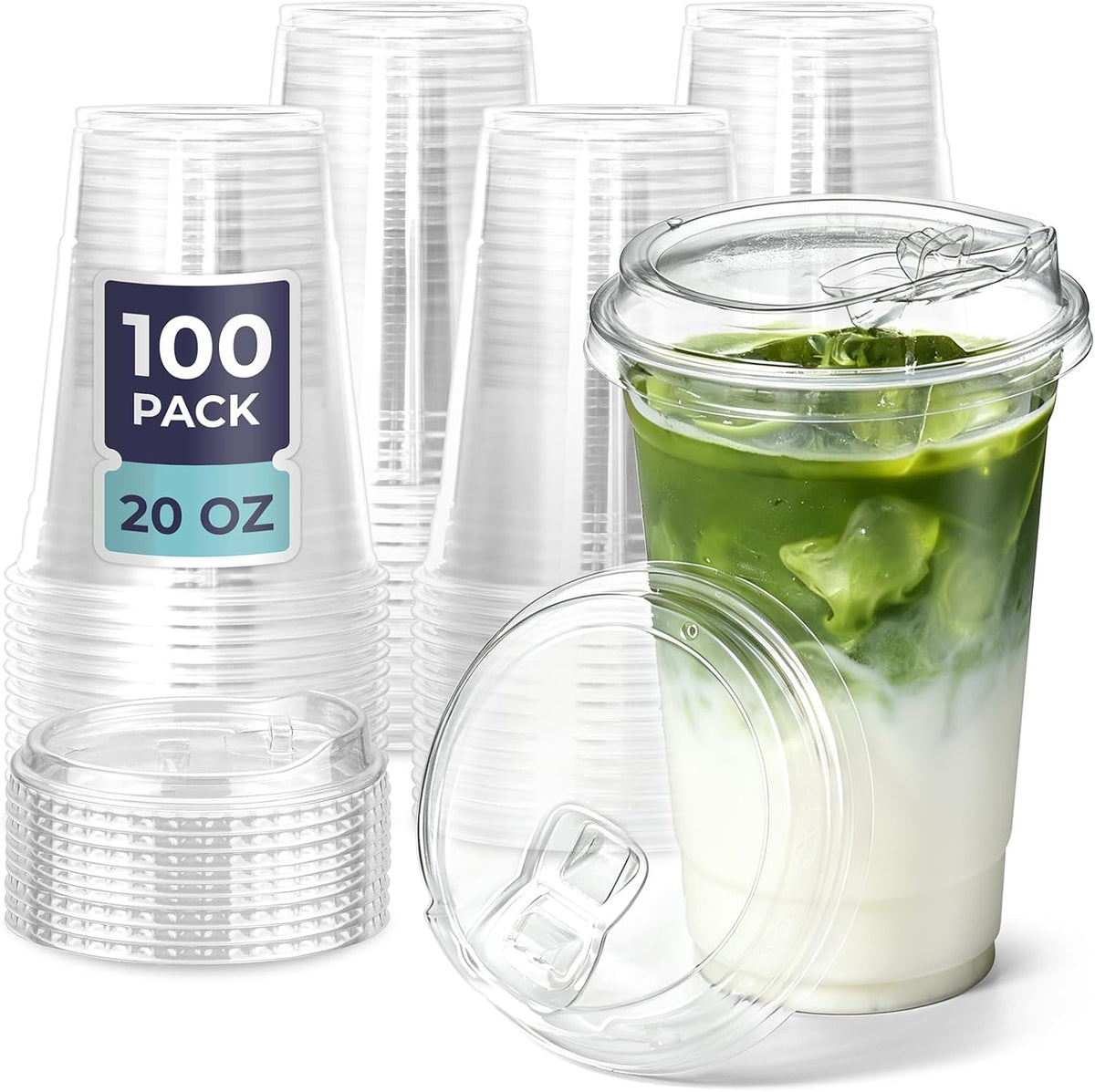 Fit Meal Prep 32 oz Clear Plastic Cups with Strawless Sip Lids, Disposable Plastic Coffee Cups with Lids, To Go Cups for Iced Coffee, Smoothies, Soda, Party Drinks, Bubble Tea, Cold Beverage