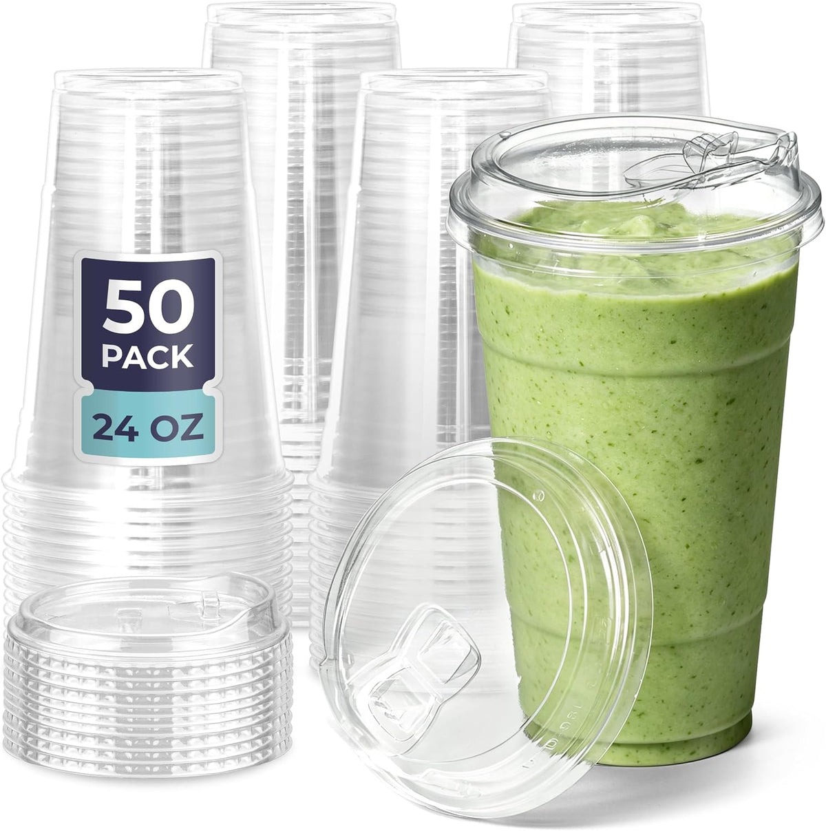 Fit Meal Prep 32 oz Clear Plastic Cups with Strawless Sip Lids, Disposable Plastic Coffee Cups with Lids, To Go Cups for Iced Coffee, Smoothies, Soda, Party Drinks, Bubble Tea, Cold Beverage