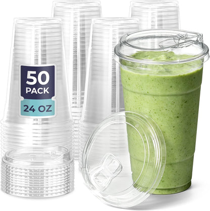 Fit Meal Prep 32 oz Clear Plastic Cups with Strawless Sip Lids, Disposable Plastic Coffee Cups with Lids, To Go Cups for Iced Coffee, Smoothies, Soda, Party Drinks, Bubble Tea, Cold Beverage