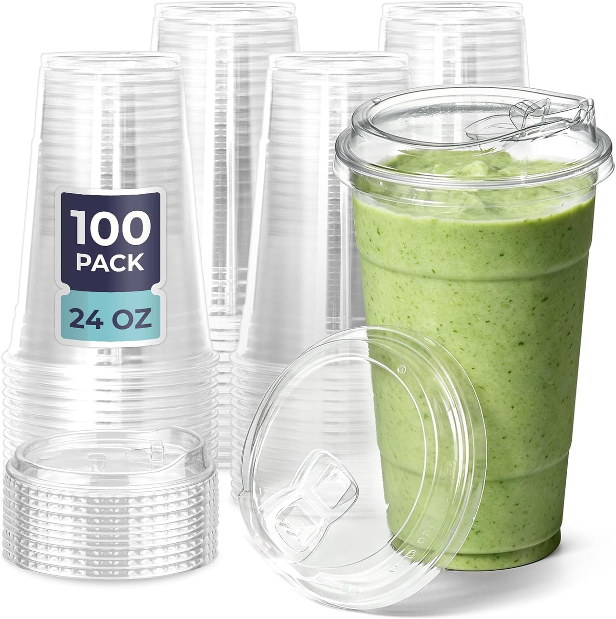 Fit Meal Prep 32 oz Clear Plastic Cups with Strawless Sip Lids, Disposable Plastic Coffee Cups with Lids, To Go Cups for Iced Coffee, Smoothies, Soda, Party Drinks, Bubble Tea, Cold Beverage