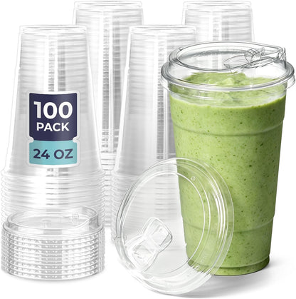 Fit Meal Prep 32 oz Clear Plastic Cups with Strawless Sip Lids, Disposable Plastic Coffee Cups with Lids, To Go Cups for Iced Coffee, Smoothies, Soda, Party Drinks, Bubble Tea, Cold Beverage