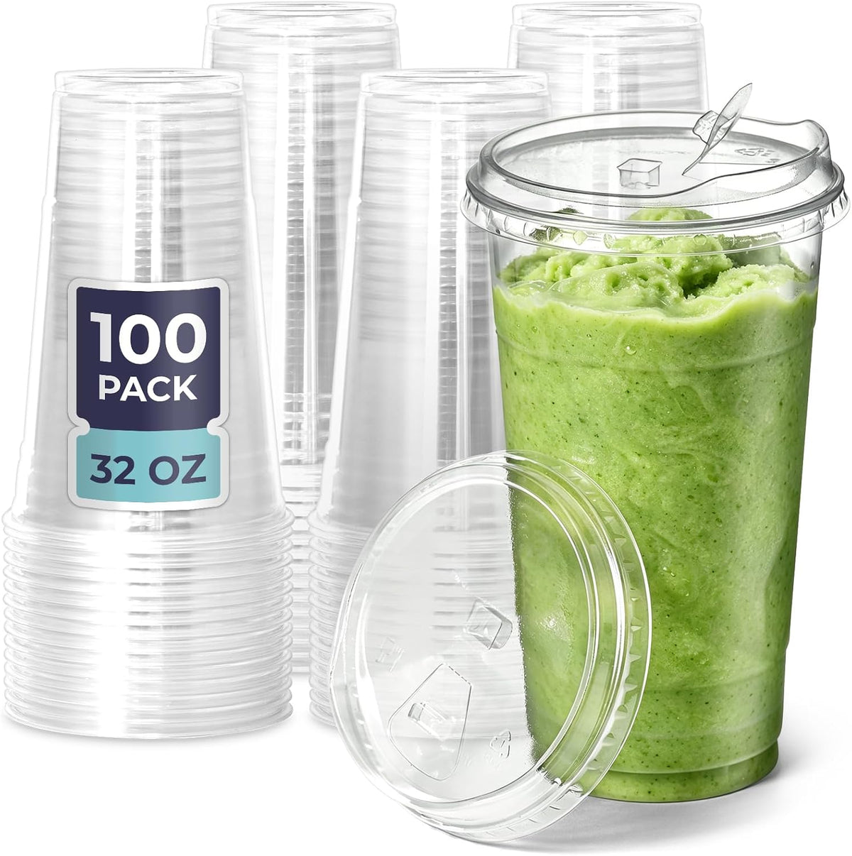 Fit Meal Prep 32 oz Clear Plastic Cups with Strawless Sip Lids, Disposable Plastic Coffee Cups with Lids, To Go Cups for Iced Coffee, Smoothies, Soda, Party Drinks, Bubble Tea, Cold Beverage