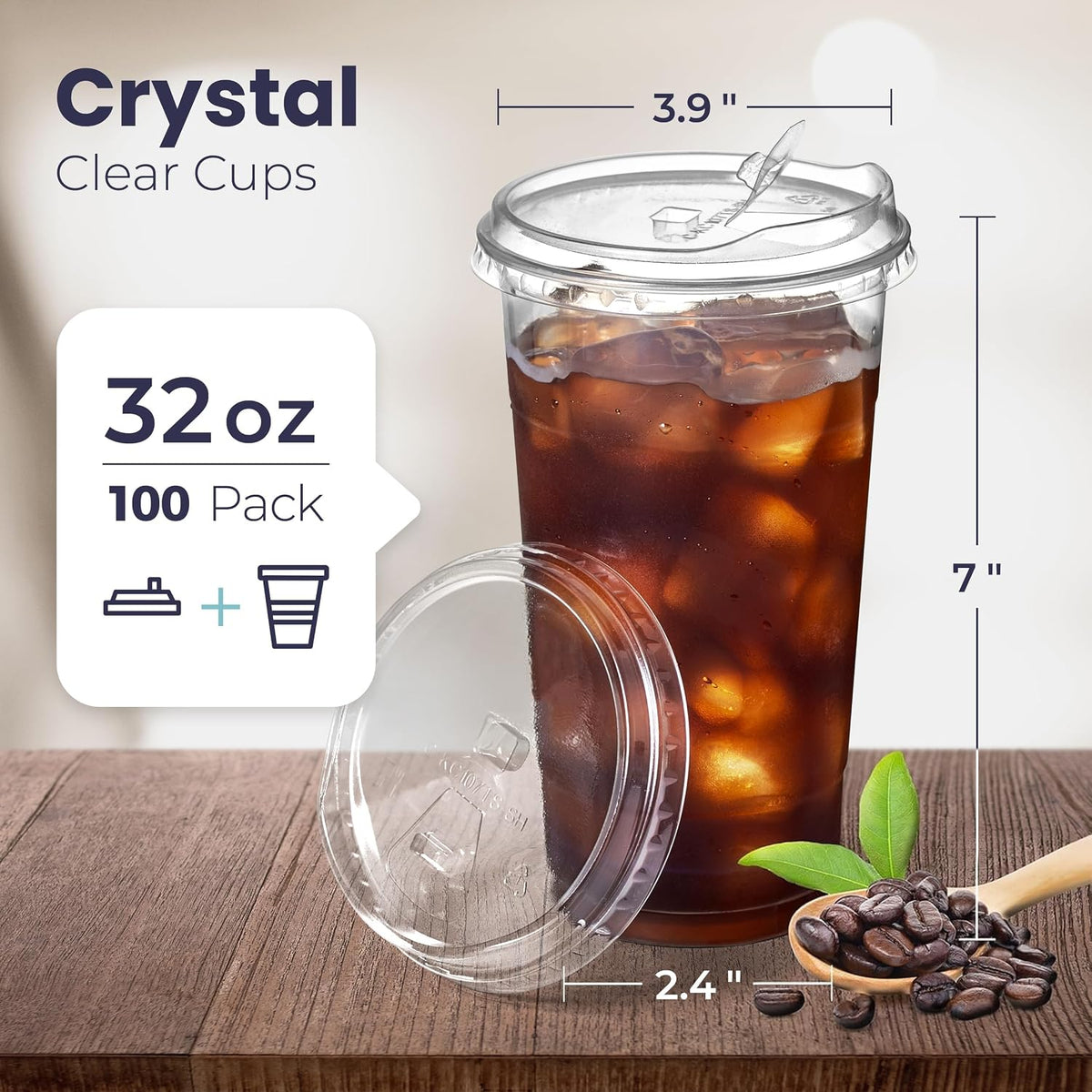 Fit Meal Prep 32 oz Clear Plastic Cups with Strawless Sip Lids, Disposable Plastic Coffee Cups with Lids, To Go Cups for Iced Coffee, Smoothies, Soda, Party Drinks, Bubble Tea, Cold Beverage