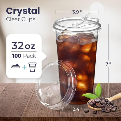 Fit Meal Prep 32 oz Clear Plastic Cups with Strawless Sip Lids, Disposable Plastic Coffee Cups with Lids, To Go Cups for Iced Coffee, Smoothies, Soda, Party Drinks, Bubble Tea, Cold Beverage