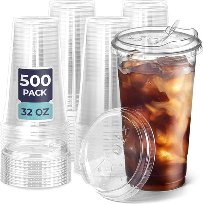 Fit Meal Prep 32 oz Clear Plastic Cups with Strawless Sip Lids, Disposable Plastic Coffee Cups with Lids, To Go Cups for Iced Coffee, Smoothies, Soda, Party Drinks, Bubble Tea, Cold Beverage
