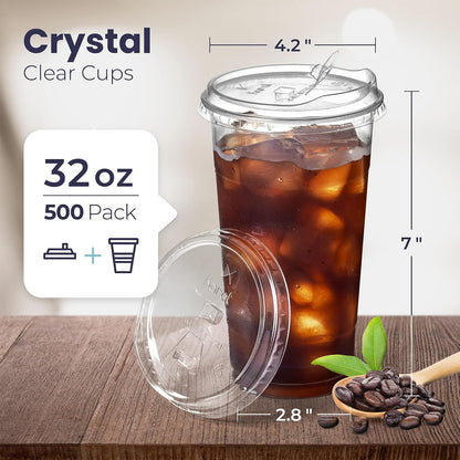 Fit Meal Prep 32 oz Clear Plastic Cups with Strawless Sip Lids, Disposable Plastic Coffee Cups with Lids, To Go Cups for Iced Coffee, Smoothies, Soda, Party Drinks, Bubble Tea, Cold Beverage