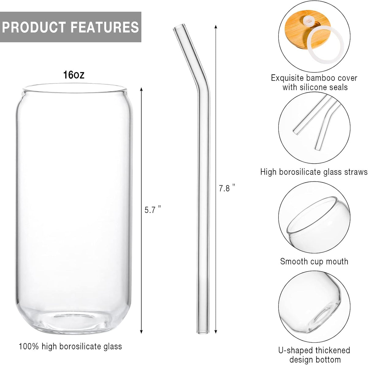 Glass Cup, 16oz Drinking Glasses with Lid, Straw, Coffee Beer Tumbler, 1 Pc