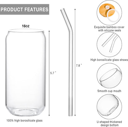 Glass Cup, 16oz Drinking Glasses with Lid, Straw, Coffee Beer Tumbler, 1 Pc