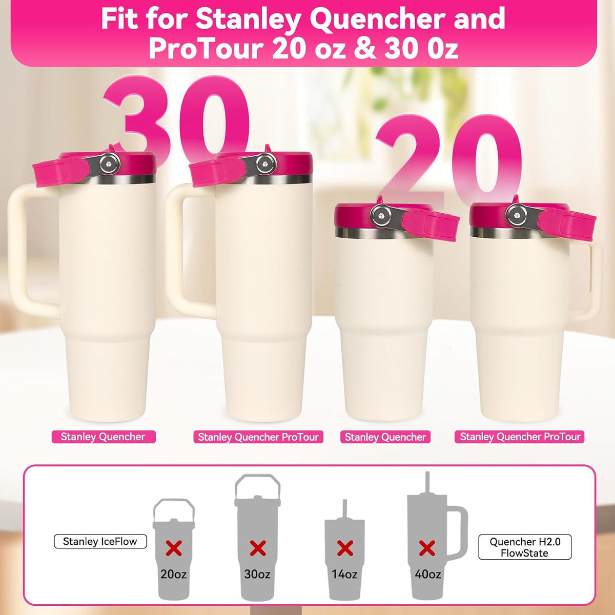 Flip Straw Lid for Stanley 30oz and 20oz, Leak Proof Top Replacement with Handle for 30&20 oz Stanley Quencher and ProTour, Detachable No Spill Lids Reusable Lids Accessories for StanleyCup, Rose
