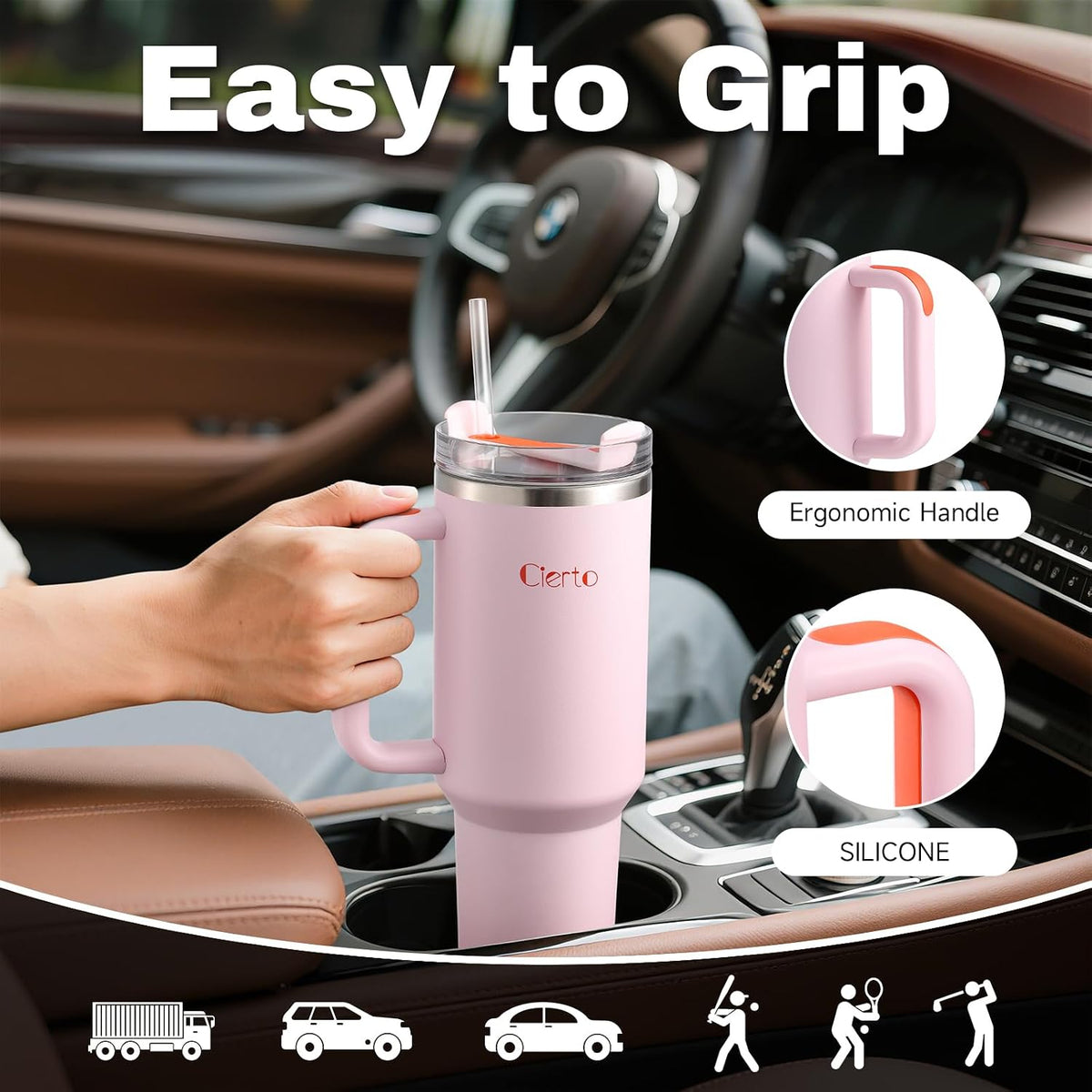 40 oz Tumbler with Handle and Straw, Leak-Resistant 3-in-1 Lid, Cup Holder Friendly, Dishwasher Safe, 18/8 Stainless Steel Vacuum Insulated Travel Mug (White)