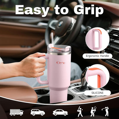 40 oz Tumbler with Handle and Straw, Leak-Resistant 3-in-1 Lid, Cup Holder Friendly, Dishwasher Safe, 18/8 Stainless Steel Vacuum Insulated Travel Mug (White)