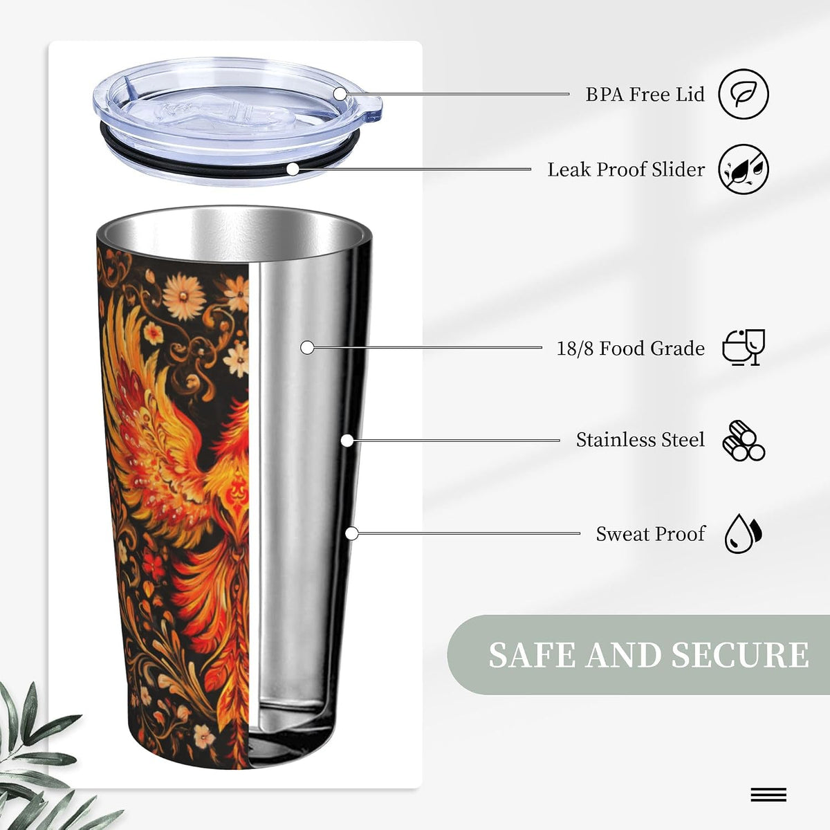 Phoenix Tumbler with Lid and Straw 20oz Travel Coffee Mug Gifts Stainless Steel Vacuum Insulated Cup Double Wall Water Bottle for Office Car Home