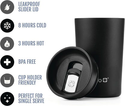Jones 11oz Insulated Stainless Steel Leakproof Travel Mug, Black | Leakproof coffee cup keeps drinks hot for 3 hours. BPA-free, single-serve size, great for hot drinks, tea, and the office.