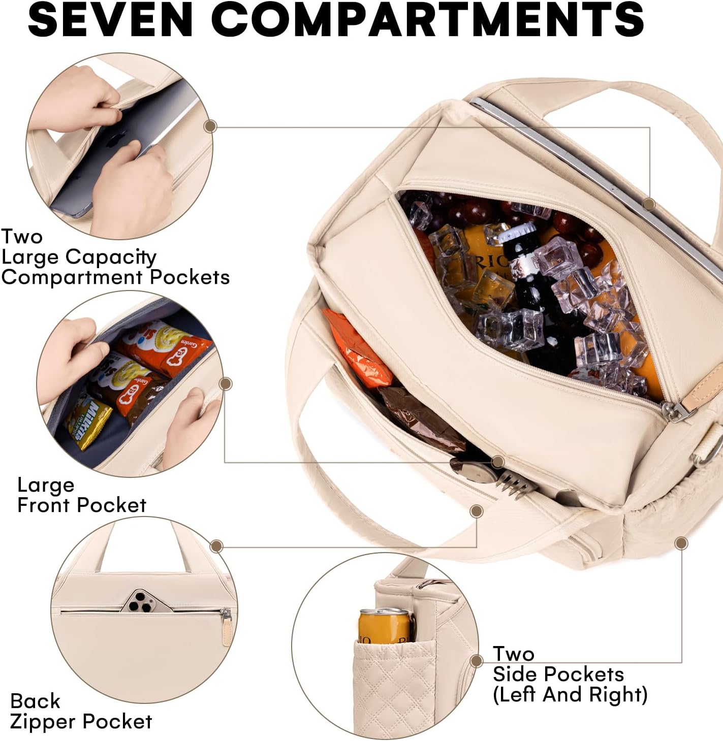 Insulated Lunch Bag for Women,Leak-Proof Cooler Lunch Box, Cooling Tote for Adult,with 7 Pockets,Adjustable Strap(15 Liters)