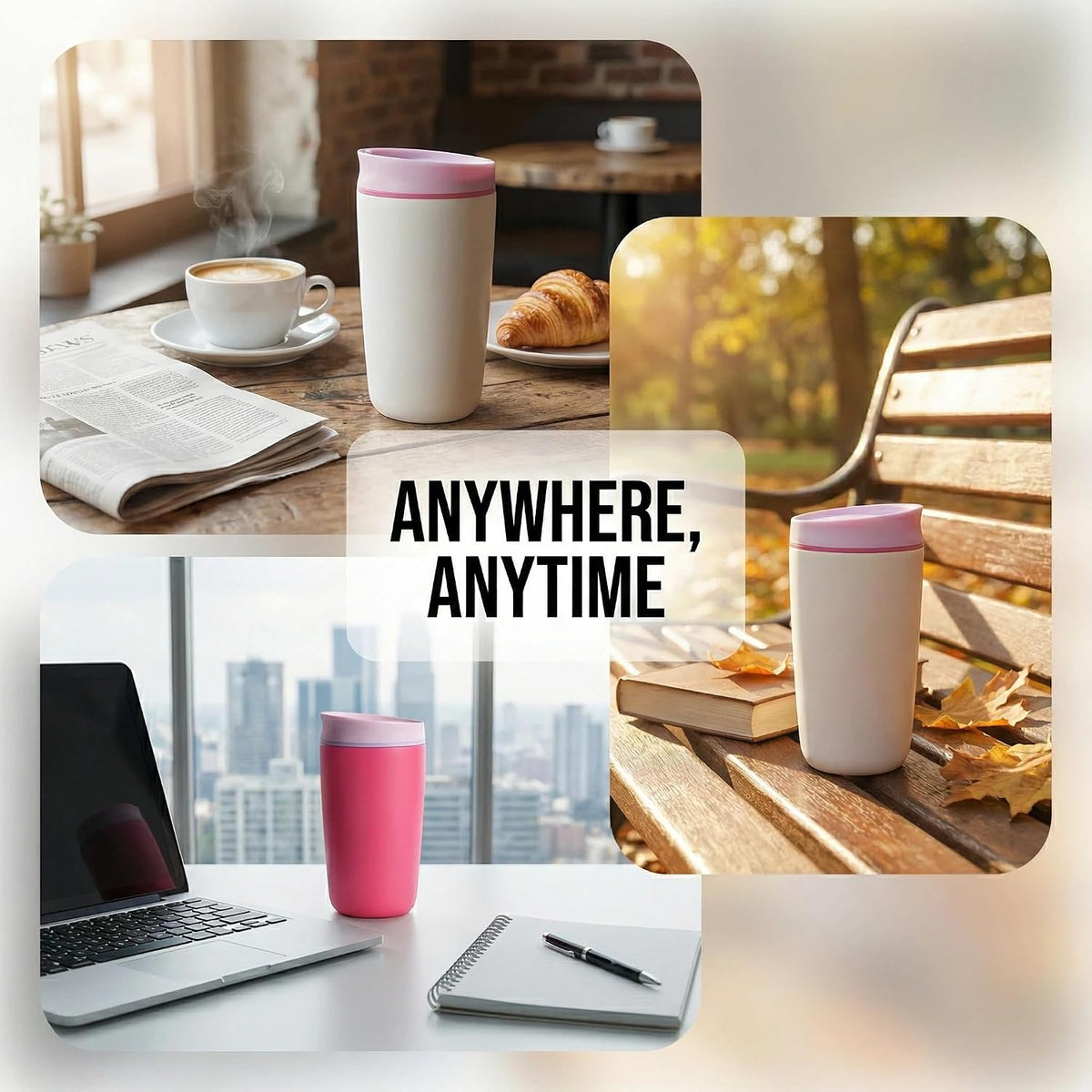 SmoothSip 12 oz Insulated Stainless Steel Coffee Tumbler with Slider Lid, Travel Mug for Hot and Iced Beverages, Black with Brown Lid (Pink)