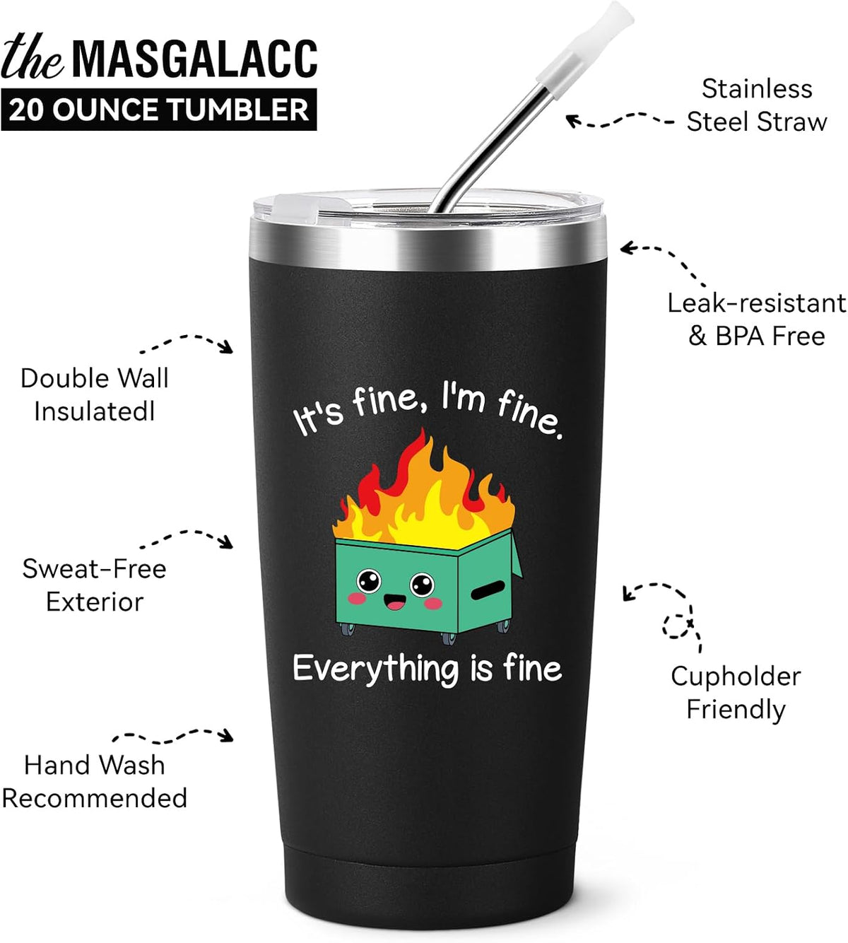 Funny Fox Tumbler 20oz | Oh For Fox Sake Insulated Coffee Mug with Straw and Brush | Double Wall Vacuum Stainless Steel | Leak Resistant Travel Cup for Car Office | Cute Gifts for Foxes Lovers Women