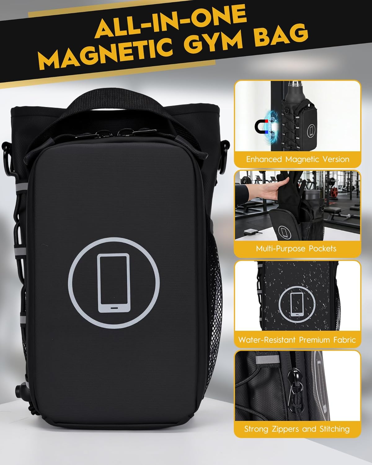 Magnetic Gym Bag for Men, Magnetic Gym Water Bottle Bag with Phone Holder
