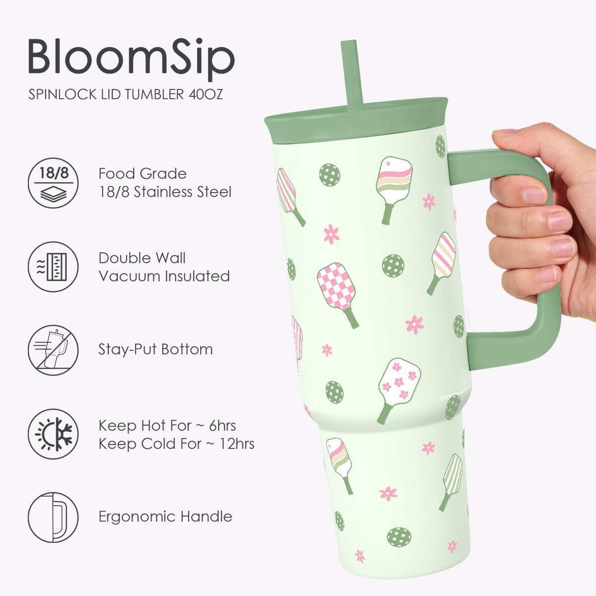Pickleball Stainless Steel Locking Lid Silicone Straw Tumbler with Handle 40oz, Insulated Stainless Steel Travel Cup for Women Girls Friends Players, Gift Idea for Birthday Christmas - Colors B