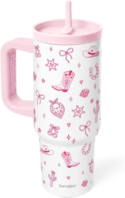 Pickleball Stainless Steel Locking Lid Silicone Straw Tumbler with Handle 40oz, Insulated Stainless Steel Travel Cup for Women Girls Friends Players, Gift Idea for Birthday Christmas - Colors B