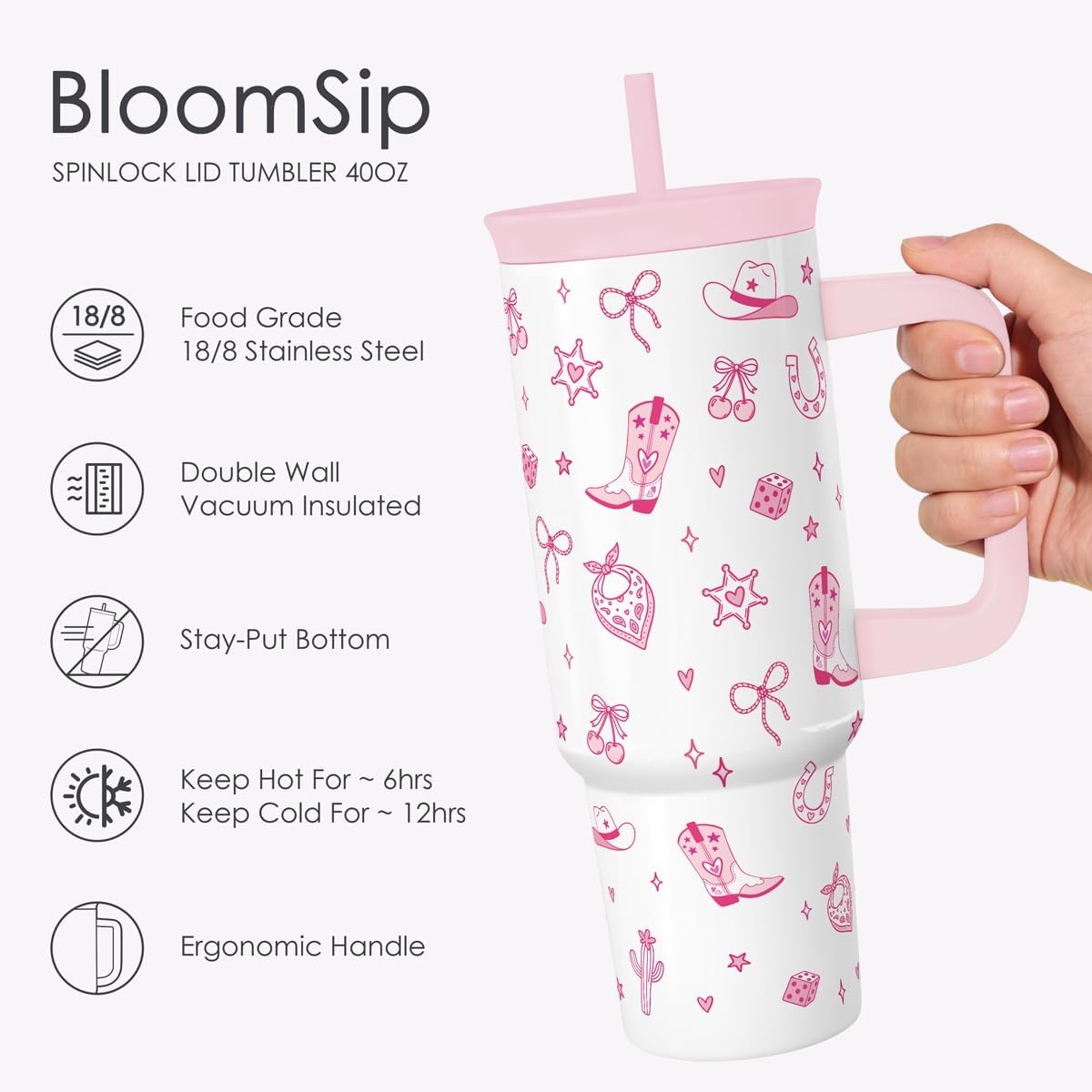 Pickleball Stainless Steel Locking Lid Silicone Straw Tumbler with Handle 40oz, Insulated Stainless Steel Travel Cup for Women Girls Friends Players, Gift Idea for Birthday Christmas - Colors B